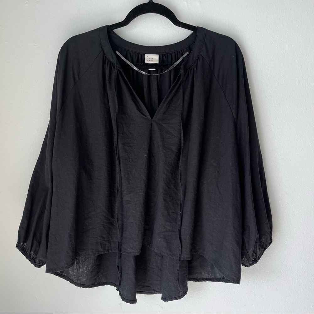 A new day Linen Blend High Low Top Blouse Black Boho Raglan Sleeve Tie Neck Sz L